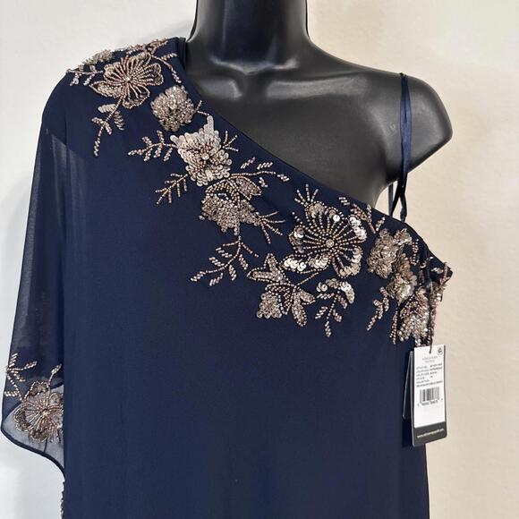 NWT ADRIANNA PAPELL Blue One Shoulder Sequin Trim Overlay Jumpsuit - Size 14 - Picture 4 of 9